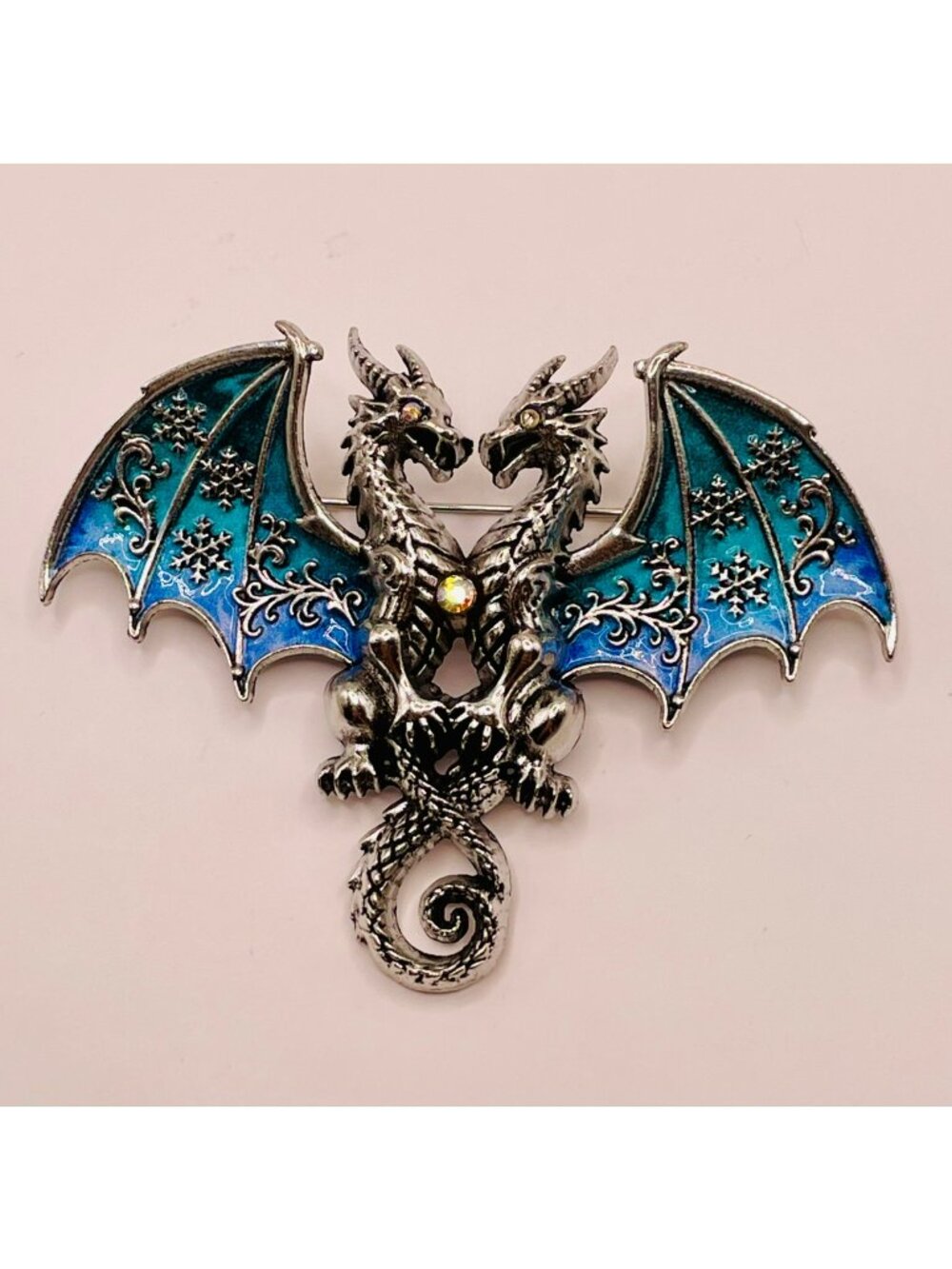 Double Dragon Brooch Pin Blue Enamel Wings & Rhinestone Accents -37B